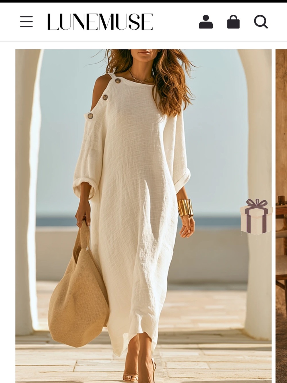 Off-Shoulder Cream Linen Maxi Dress with Button Accents. Size Medium